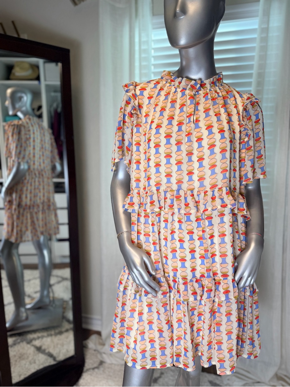 Easel Multicolor Abstract Print Tiered Mini Dress Short Sleeve Large